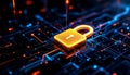 Golden padlock symbolizing digital security and data protection on a futuristic circuit board background Royalty Free Stock Photo
