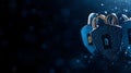 A cybersecurity banner with a dark background, featuring locks, shields, and digital code, designed to be secure and modern Royalty Free Stock Photo