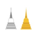 Golden pagoda and outline flat vector with isolated white background.Buddhist building