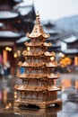 golden pagoda toy, little figurine with lights reflected in wet city street in the evening