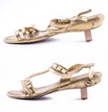 Golden painted, elegant, party shoes on a white background