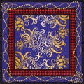 Golden paisley, chains and red crowbar pattern. Colorful flowers background, Shawl, bandana, scarf, kerchief digital print, Fabric