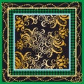 Golden paisley, chains and red crowbar pattern. Colorful flowers background, Shawl, bandanna, scarf, kerchief digital print, Fabri