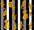 Seamless pattern with golden paisley, baroque elements on meander stripes.