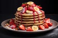 Golden Pancakes banana honey strawberry. Generate Ai