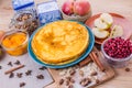 Golden pancakes in a blue plate