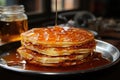 Golden pancakes with syrup, strawberries and nuts, a tempting delight., generative IA