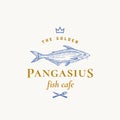 Golden Pangasius Abstract Vector Sign, Symbol or Logo Template. Hand Drawn Basa Fish with Classy Retro Typography. Crown