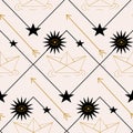 Golden paper boat, black celestial and geometric elements, in a seamless pattern design