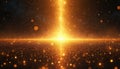 Golden particles explode in a bright light ray from low horizon. Dark abstract background with orange sparks and bokeh circles. Royalty Free Stock Photo