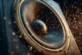 Golden particles vibrating around a powerful audio speaker, creating a mesmerizing visual representation of sound and music Royalty Free Stock Photo