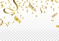 Golden Party Flags With Confetti And Ribbon Falling On White Bac Royalty Free Stock Photo