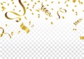 Golden Party Flags With Confetti And Ribbon Falling On White Background. Celebration Event & Birthday. Vector Royalty Free Stock Photo