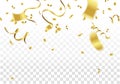 Golden Party Flags With Confetti And Ribbon Falling On White Background. Celebration Event & Birthday. Vector Royalty Free Stock Photo