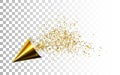 Golden party popper with exploding star confetti glitters.