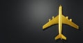 Golden passenger aircraft. Airplane from gold metal with copy space. 3d illustration