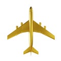 Golden passenger aircraft. Airplane from gold metal isolated on white background. 3d illustration