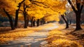 The golden path in the autumn forest generated using AI.