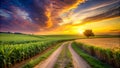 Golden Path Through Verdant Fields Generative AI Royalty Free Stock Photo
