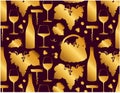 Golden pattern with drawing wine bottle, grapes in basket, glass with alcohol drink, champagne on red background