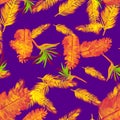 Golden Pattern Textile. Violet Tropical Leaf. Navy Floral Textile. Cobalt Flora Painting. Indigo Decoration Background.