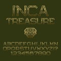 Golden patterned angular letters and numbers. Decorative elegant font. Isolated english alphabet with text Inca Treasure