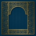 Golden patterned frame in oriental arched window form. Vintage greeting card background Royalty Free Stock Photo