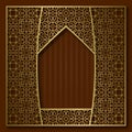 Golden patterned frame in oriental arched window form. Vintage greeting card background Royalty Free Stock Photo