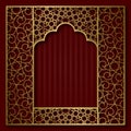 Golden patterned frame in oriental arched window form. Vintage greeting card background Royalty Free Stock Photo