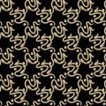 Golden patterned lattice on a black background, fantasy weaving. Refined lines, silhouettes. Vector seamless pattern abstraction.