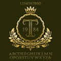 Golden patterned letters and numbers with initial monogram in coat of arms form. Elegant font and elements kit for logo