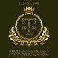 Golden patterned letters and numbers with initial monogram in coat of arms form. Elegant font and elements kit for logo