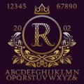 Golden patterned letters and numbers with initial monogram in coat of arms form. Elegant font and elements kit for logo Royalty Free Stock Photo