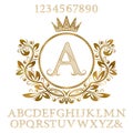 Golden patterned letters and numbers with initial monogram in coat of arms form. Shining font and elements kit for logo design Royalty Free Stock Photo