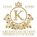 Golden patterned letters and numbers with initial monogram in coat of arms form. Shining font and elements kit for logo design