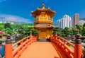 The Golden pavilion and gold bridge in Nan Lian Garden near Chi Lin Nunnery, famous landmark in Hong Kong Royalty Free Stock Photo