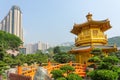 The Golden pavilion and gold bridge in Nan Lian Garden near Chi Lin Nunnery. A public chinese classical park in Diamond Hill, Royalty Free Stock Photo