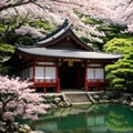 The Golden Pavilion (Kinkaku-ji Temple) and blooming sakura in Rokuon-ji complex (Deer Garden Temple),