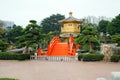 The Golden pavilion and red bridge in Nan Lian Garden near Chi Lin Nunnery, Hong Kong Royalty Free Stock Photo