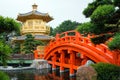 The Golden pavilion and red bridge in Nan Lian Garden near Chi Lin Nunnery, Hong Kong Royalty Free Stock Photo