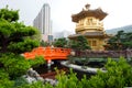 The Golden pavilion and red bridge in Nan Lian Garden near Chi Lin Nunnery, Hong Kong