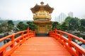 The Golden pavilion and red bridge in Nan Lian Garden near Chi Lin Nunnery, Hong Kong Royalty Free Stock Photo