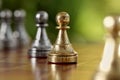 Golden pawn on chess board against blurred background, closeup