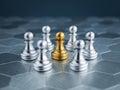 The golden pawn chess piece standing in the middle of silver pawn chess pieces group on hexagon pattern background. Royalty Free Stock Photo