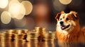 Golden Paws: A Stack of Gold Coins Amidst a Blurry Dog Background Royalty Free Stock Photo