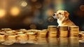 Golden Paws: A Stack of Gold Coins Amidst a Blurry Dog Background Royalty Free Stock Photo