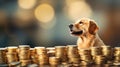 Golden Paws: A Stack of Gold Coins on a Blurry Dog Background Royalty Free Stock Photo