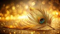 Golden peacock feather on glittering surface, a symbol of elegance and luxury. Generative AI Royalty Free Stock Photo