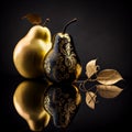 Golden pear isolated on black closeup, pears covered with gold, unusual fruit, for advertising banners