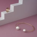 Golden with pearls bracelet and golden ring on white podium on pink background